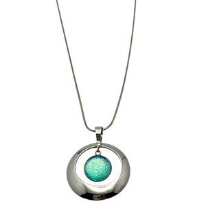 Sterling Silver 925 Circle Pendant Necklace Aqua Blue Fused Glass Centerpiece
